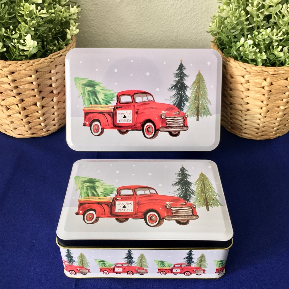 Pair of red truck tins ~ Christmas Tins 2pc.